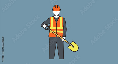 Construction worker with shovel wearing safety gear.