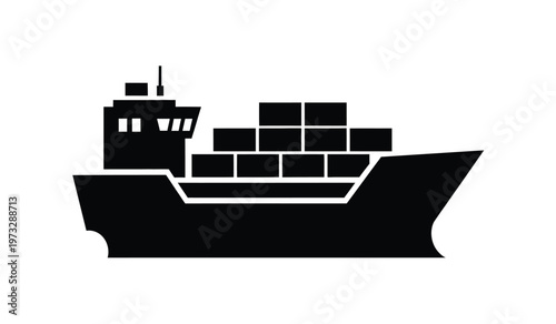 A stark black silhouette depicts a large container ship loaded with stacked cargo boxes sailing on calm waters high quality professional detailed modern elegant
