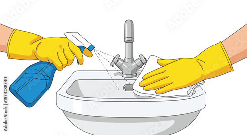 A person wearing bright yellow protective gloves sprays a blue detergent onto a white ceramic bathroom sink while wiping the surface with a cloth.