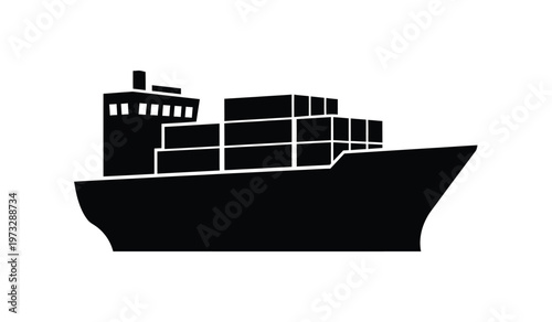 A stark black silhouette depicts a large container ship showcasing its rectangular cargo holds and prominent superstructure sailing on water high quality professional detailed