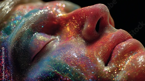 Face covered in colorful glitter and light patterns