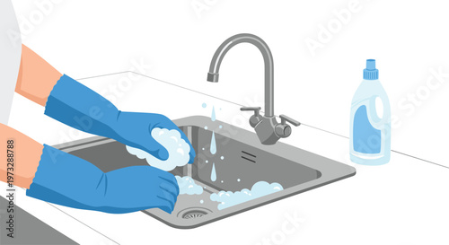 A pair of hands protected by blue rubber gloves meticulously cleans a stainless steel kitchen sink using a soapy white sponge under running water.