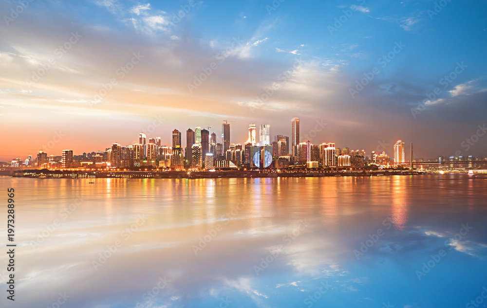 Fototapeta premium City skyline, waterfront, modern buildings, sunset, urban landscape