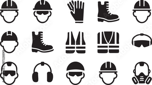Black and white vector graphic illustration of various safety gear icons including hard hats, gloves, boots, vests, and protective masks