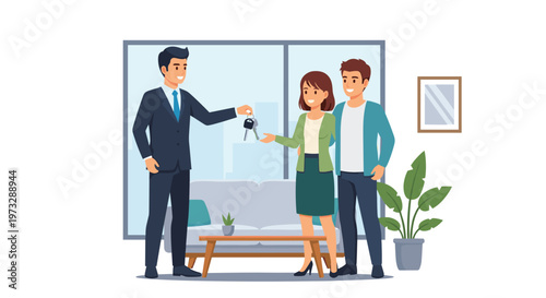 A professional male real estate agent wearing a dark suit presents house keys to a smiling couple standing in a modern living room with a grey sofa.