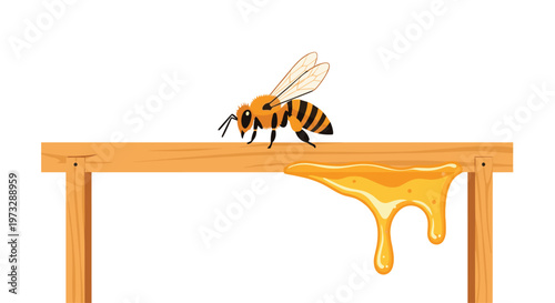 A meticulous honeybee walks across a horizontal wooden frame while thick golden honey drips down in a viscous and glossy stream against white space.