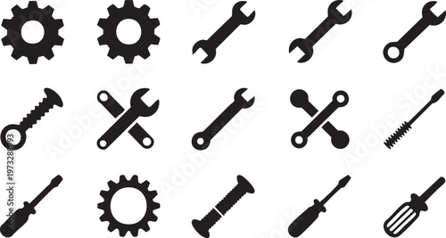 Black vector illustration of various tools and gears in a graphic design