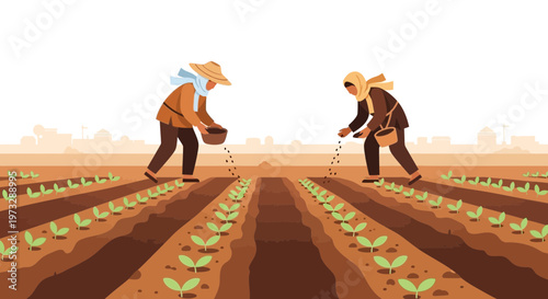 Farmers planting seedlings in neat rows on a sunny day, agricultural field, rural landscape