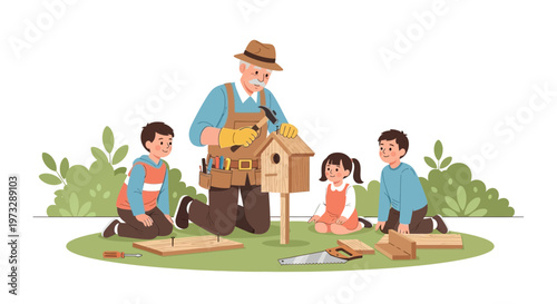 Grandfather and children build birdhouse together, outdoor hobby, family bonding