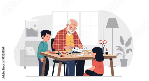 Grandfather and grandchildren crafting a model airplane together at a table