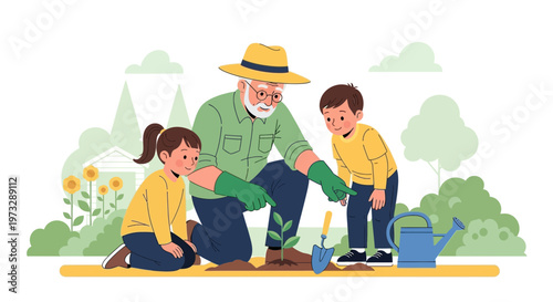 Grandfather and grandchildren planting a tree in the garden, family gardening together