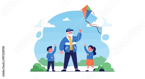 Grandfather and grandchildren flying a kite in a park on a sunny day