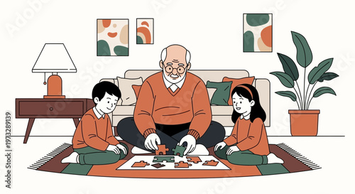 Grandfather and grandchildren playing jigsaw puzzle on the floor in living room, family bonding