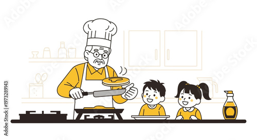 Grandfather cooking pancakes with kids in kitchen, family bonding, homemade breakfast