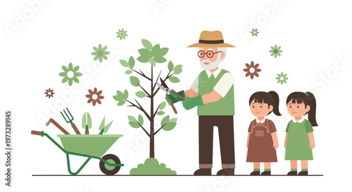 Grandfather and granddaughters gardening, pruning tree, wheelbarrow with tools, spring season