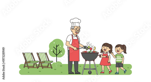 Grandfather grilling food for happy children in a sunny garden, family barbecue