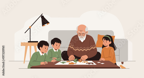 Grandfather playing jigsaw puzzle with grandchildren, bonding, family time, indoor activity