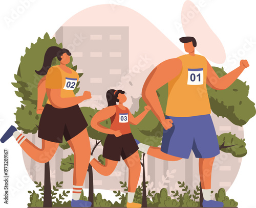 Joyful participants crossing the finish line in a family race event