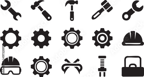 Vector graphic illustration of various industrial tools and equipment icons in black