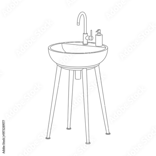 Bathroom sink with faucet and soap dispenser on tripod stand