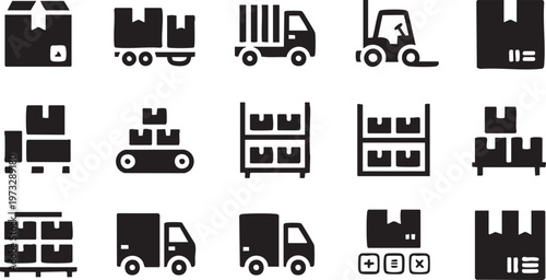 A set of black and white vector graphic illustrations depicting various warehouse and logistics icons including trucks, forklifts, pallets, and boxes in a simple flat design style.