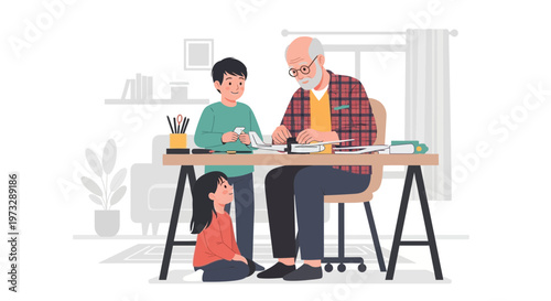 Grandfather teaching grandchildren at desk, family bonding, learning, and quality time at home