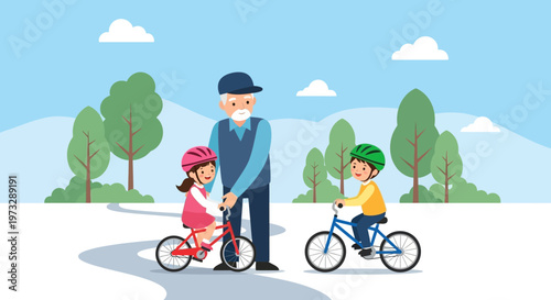 Grandfather teaching grandchildren to ride bicycles in a park, happy family outdoor activity