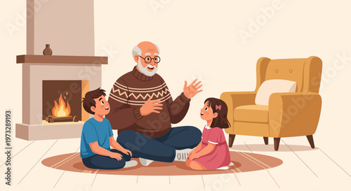 Grandfather telling story to grandchildren by fireplace, cozy family moment