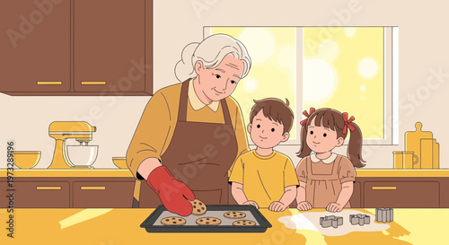 Grandmother and grandchildren baking cookies together in a cozy kitchen, happy family moment