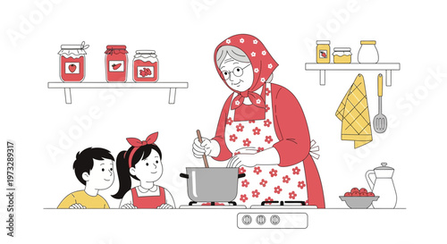 Grandmother teaching children to cook jam in the kitchen, homemade food, family bonding