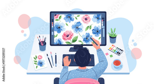 Graphic designer creating floral pattern on computer, digital art, illustration, creative workspace