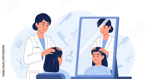 Hairdresser styling client's hair in salon with mirror reflection and tools