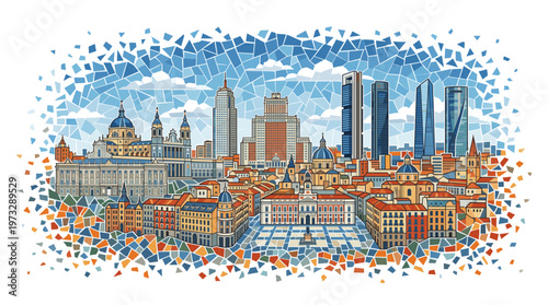 Vibrant illustration of the Madrid skyline featuring iconic landmarks and modern skyscrapers under a mosaic sky.