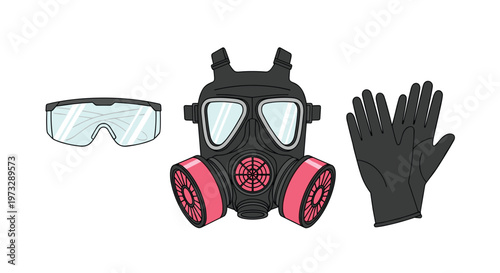 A professional set of safety equipment featuring a black respirator mask with pink filters alongside clear protective goggles and black industrial gloves.