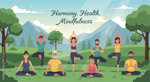 Diverse group of people practicing yoga in peaceful mountain landscape