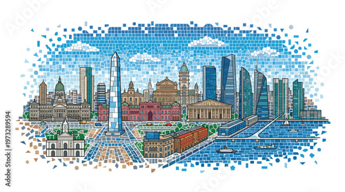 Pixelated cityscape illustration of Buenos Aires, Argentina, featuring iconic landmarks and modern skyscrapers against a blue sky with clouds.