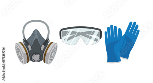 A collection of personal protective equipment including a grey half-face respirator mask with circular filters clear safety glasses and blue rubber gloves.