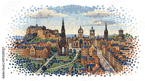 A vibrant, mosaic-style illustration depicting the iconic skyline of Edinburgh, Scotland, with its historic castle and prominent spires under a cloudy sky.