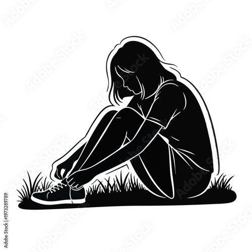 Silhouette of a girl sitting on grass tying her shoelace. Outdoor activity concept. Vector illustration isolated on transparent background