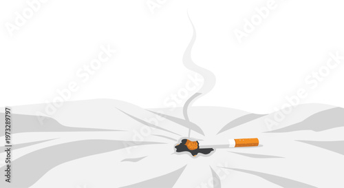 A lit cigarette rests on a pristine white fabric surface creating a dark charred burn hole with glowing orange edges and a rising plume of grey smoke.