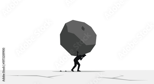 A stark black silhouette of a person laboring under the immense weight of a massive angular grey boulder while walking across a cracked barren landscape.
