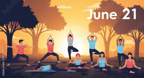 Group of people practicing yoga in park on June 21st celebration