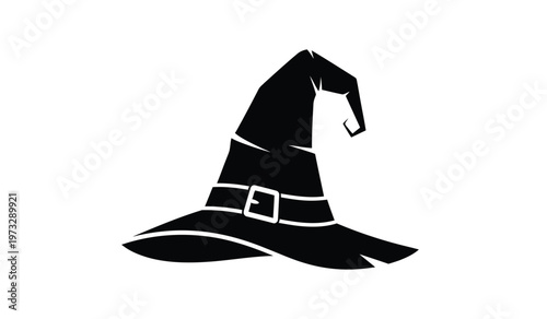 A striking black silhouette depicts a classic witch s hat with a pointed crown and wide gently curved brim suggesting magic high quality professional