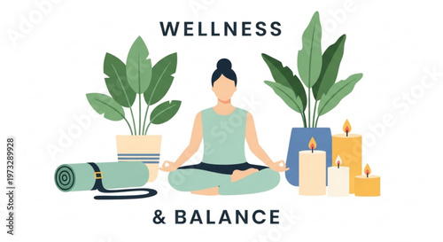 Woman meditating on yoga mat with plants and candles flat design