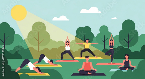 Group yoga practice in nature park during sunny morning flat illustration