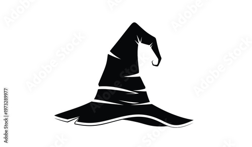 A stark black silhouette depicts a classic witch s pointed hat with a slightly curved brim showcasing a simple and iconic design high quality