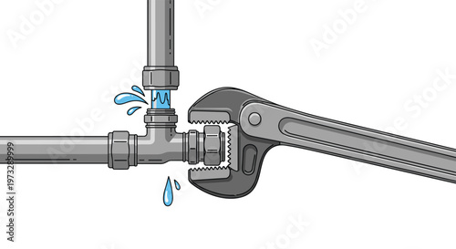 A meticulous mechanical illustration shows a large steel adjustable wrench tightening a leaking metal pipe joint with vibrant blue water droplets.