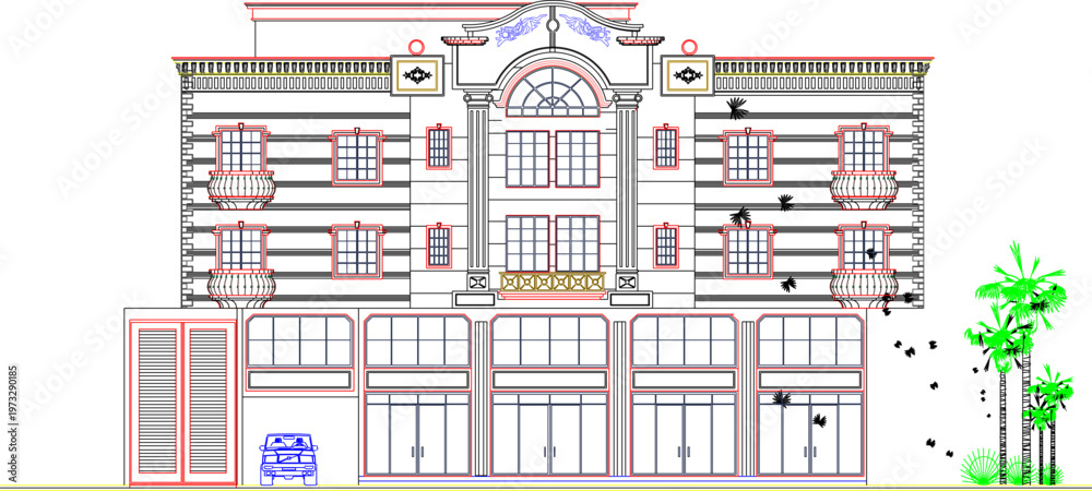 Fototapeta premium Modern Classic Hotel Building Elevation Design Asset Featuring High-End Vintage Architecture Styles and Comprehensive Technical Measurement Data
