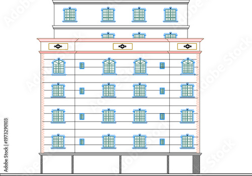 Classic Architecture Design Document Showcasing Front Elevation of an Old Commercial Hotel with Vintage Grid Systems and Structural Height Markers