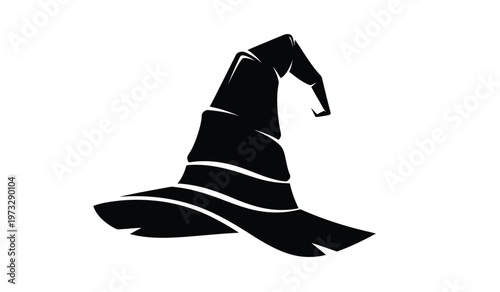 A stark black silhouette depicts a classic witch s hat featuring a pointed crown and wide flowing brim against a white background high quality
